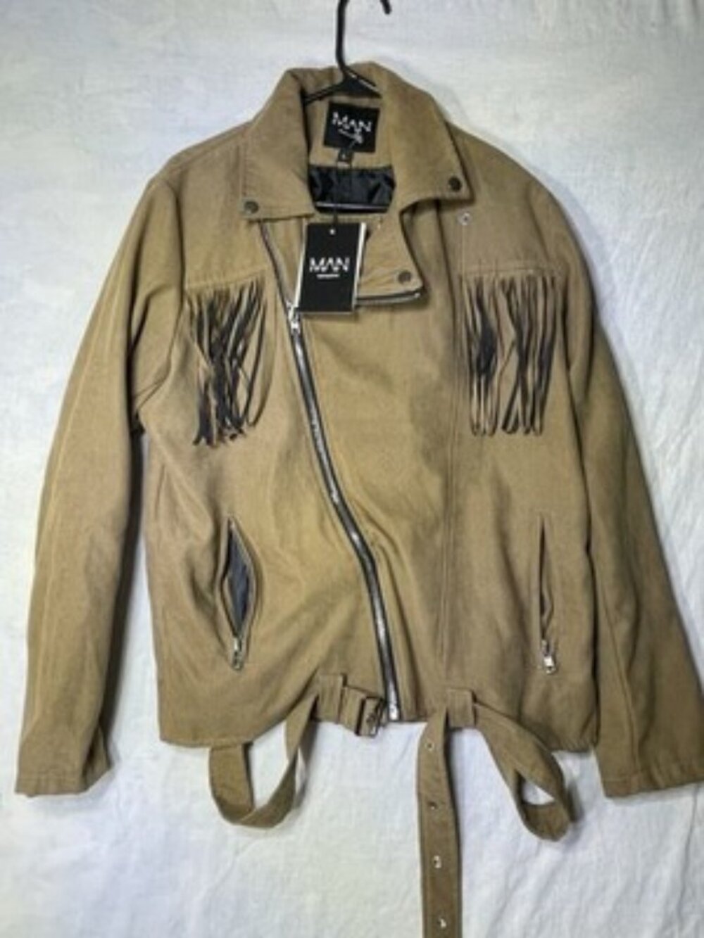 NWT BoohooMAN Faux Suede Fringe Biker Jacket Tan Size Large Western Moto Coat